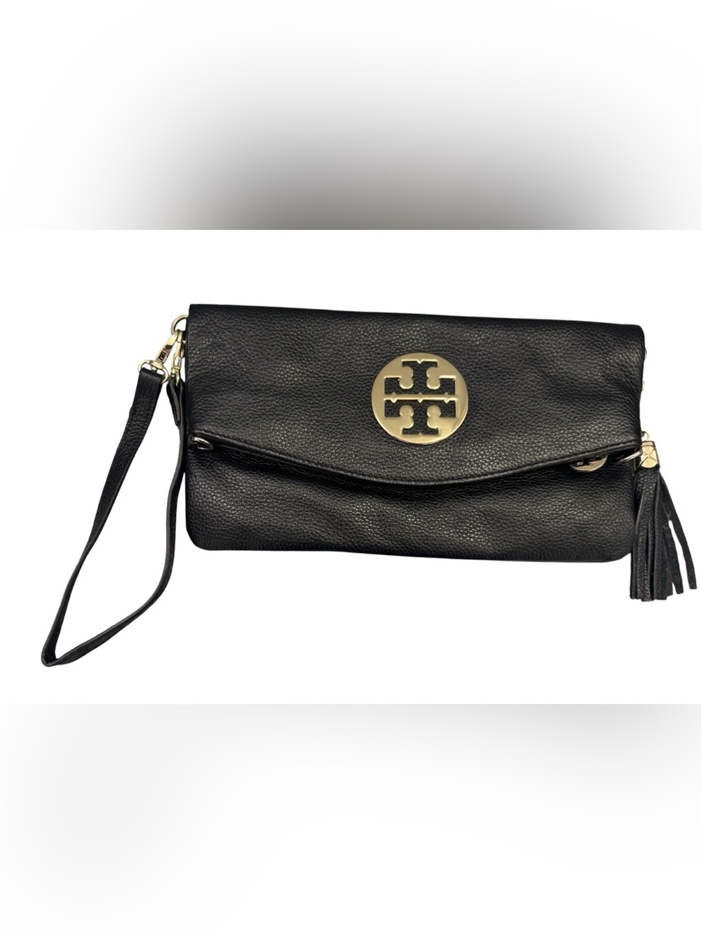 Tory Burch Black Pebbled Leather Flap Wristlet Clutch with Gold Logo - Picture 2 of 14